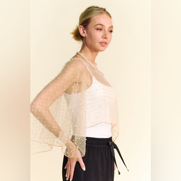 266B. Pearl Rhinestone Embellished Mesh Topper Cape - Nude - Picture 10 of 10